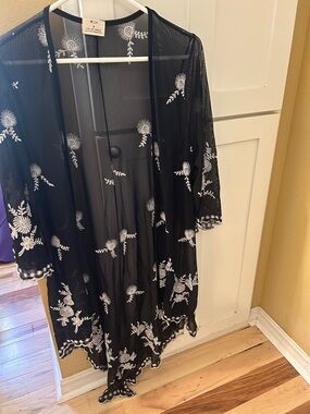 Pins & Needles Black Sheer Embroidered Kimono